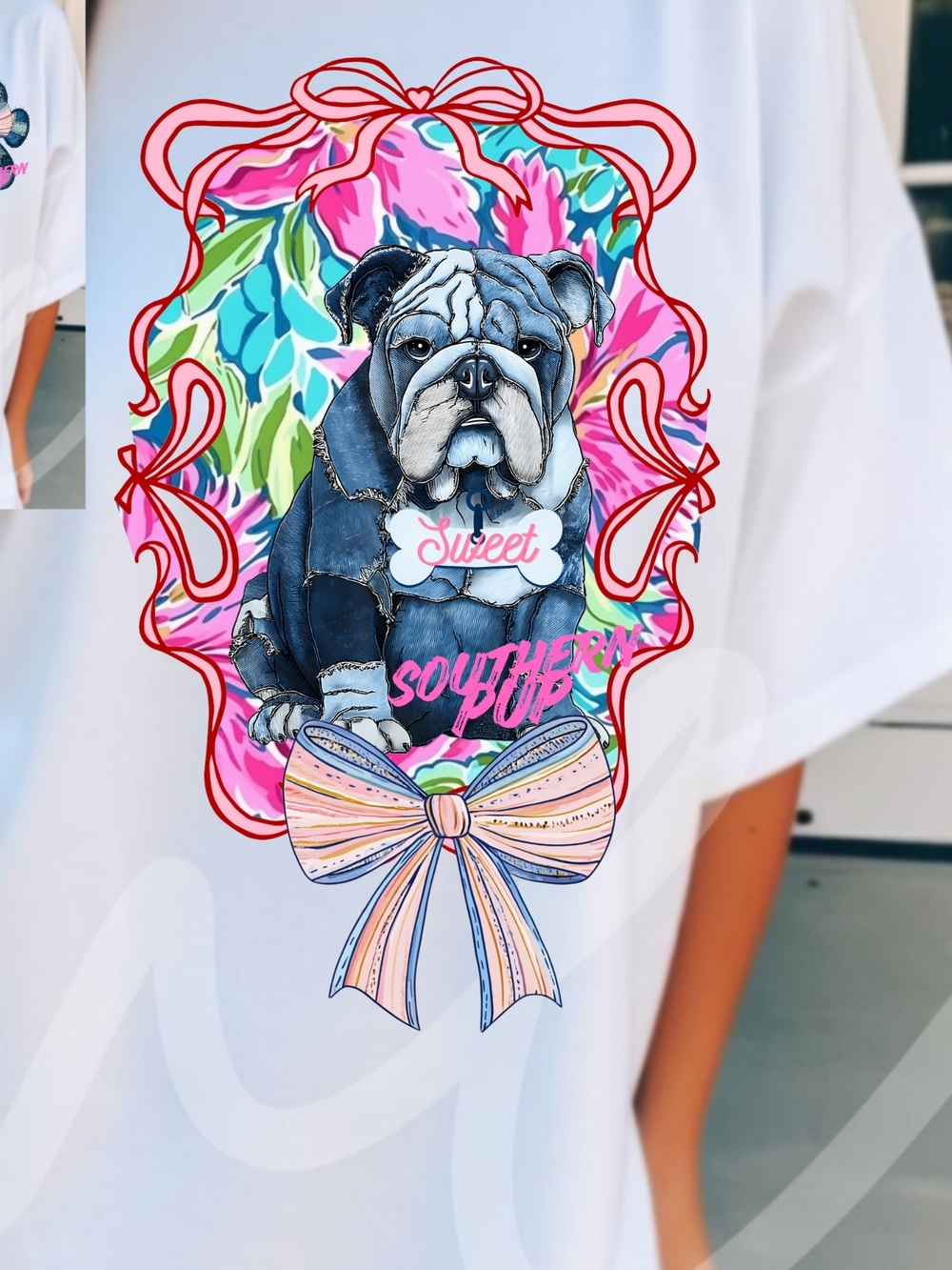 Gildan White Tee with Denim Patch Paw & Pastel Bow - Picture 9 of 16